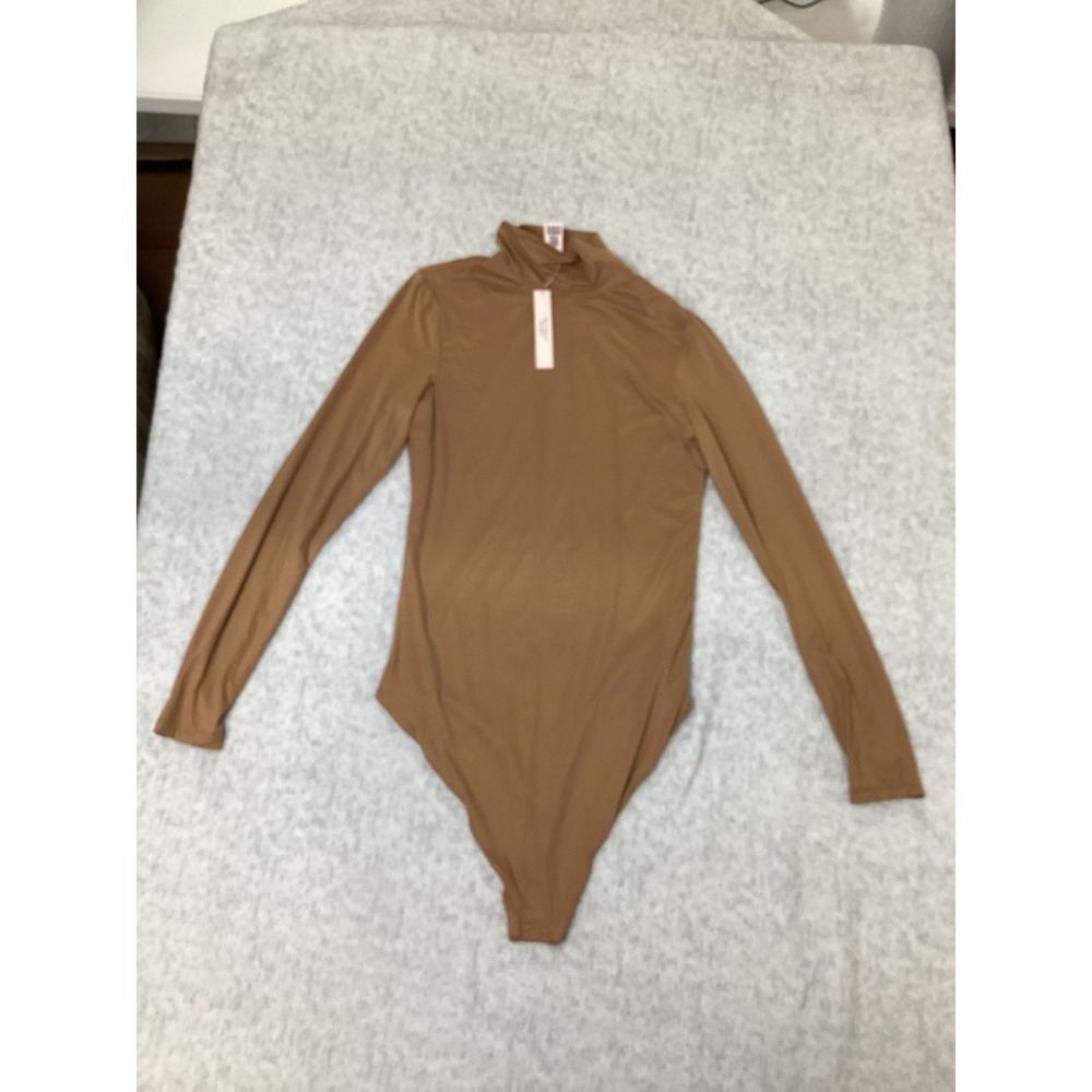Victoria's Secret Mock Neck Long Sleeve Bodysuit Tan Brown‎ Gold V Hardware L